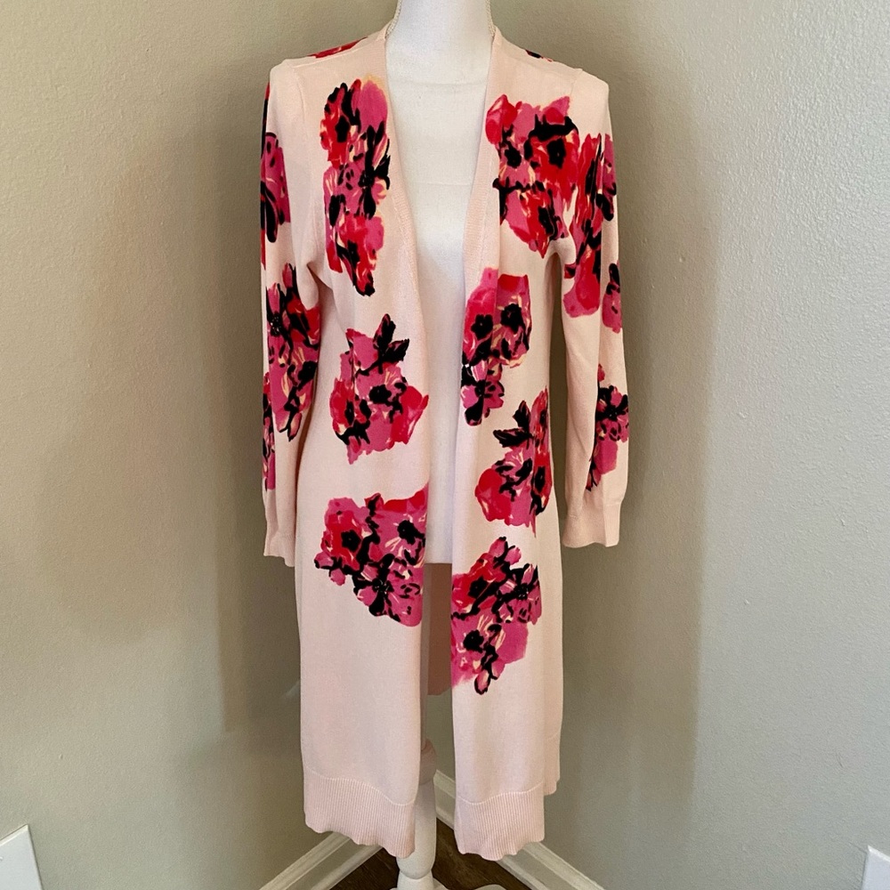 NY Collection Womens Pink Floral Duster Open Cardigan Size Large